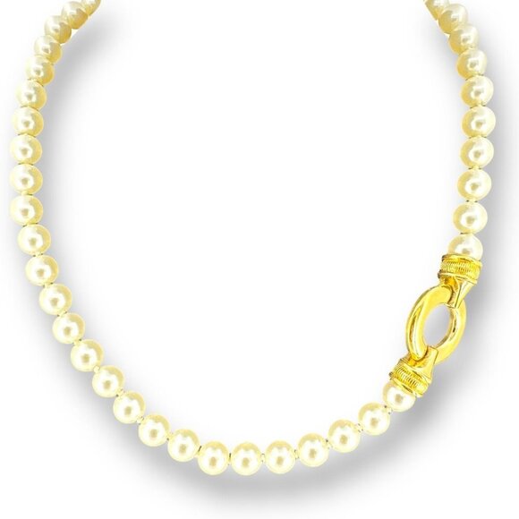 One Strand Asymmetric Style Glass Pearl Womens Necklace Over Gold Plated - Picture 1 of 5